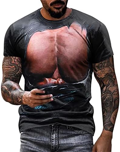 Ubst Mens летни маици со краток ракав, уличен 3D господин мускул, печатена модна маичка, тенок вклопат обични врвови