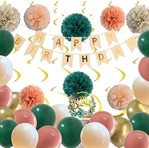 Роденденски украси За Жени Девојки Со Смарагдно Зелена Правлива Роза Розова Балони Рустикален Банер И Среќен Роденден Цветна Торта Топер