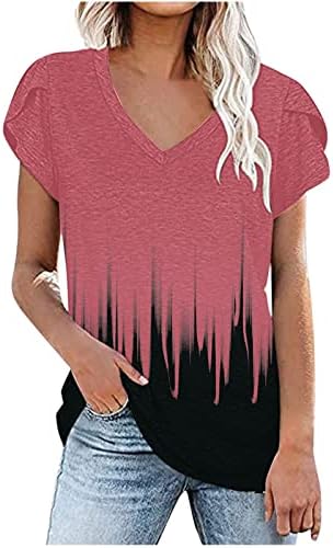 Женски кратки ракави маички во боја блок графички лабави вклопувачки врвови маички длабоки v вратот летни есенски маици 2023 0Q