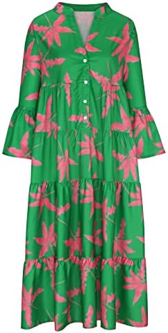 Women'sенски 2023 лето гроздобер цветно обоен моден макси фустан со ракави за ракави V вратот Обичен фустан зелена