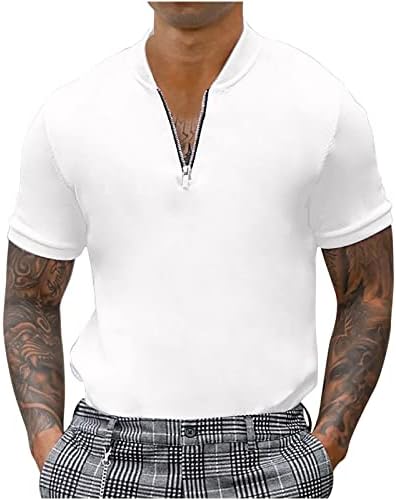 Зипер Поло кошули за мажи Краток ракав Обичен тенок вклопување Основно цврсто тренинг во боја спортски голф штанд со јака од врвови на врвови