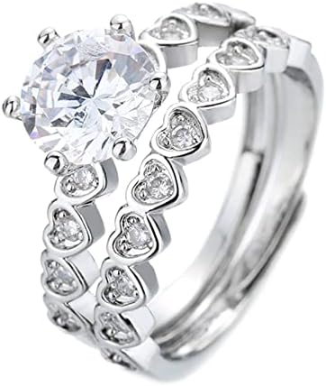 Големина на прстен 12 Жените Сакаат Форма Сребрен Прстен Четири Канџи Свршенички Прстен Од Кристал 2 парчиња Бел Круг Циркон Ветувачки Прстени