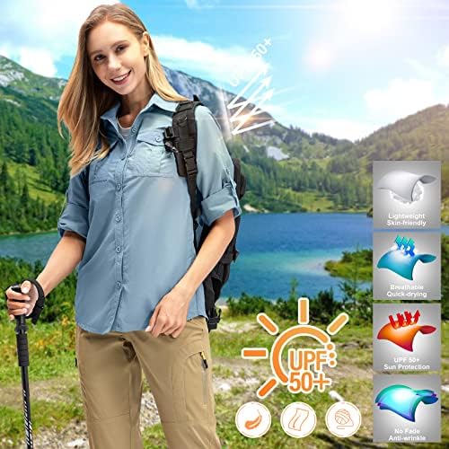 Women'sенски брзо суво сонце УВ -заштита на УВ конвертибилни долги ракави сафари кошули за пешачење за кампување риболов пловење