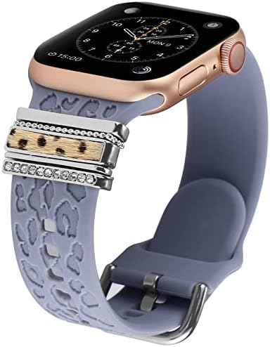 Гравиран силиконски опсег со гепард со декоративни прстени јамки компатибилни со ленти со Apple Watch 38мм 40мм 41мм жени, леопард рачни ленти