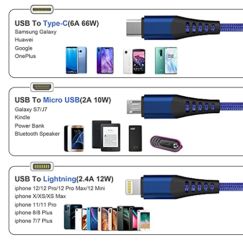 Bawanfa Multi 3 во 1 USB Long Chable Cable, 3M/10FT 6A PD Брзо плетенка за полнење, универзален повеќе порти за пополнување со USB C/Micro