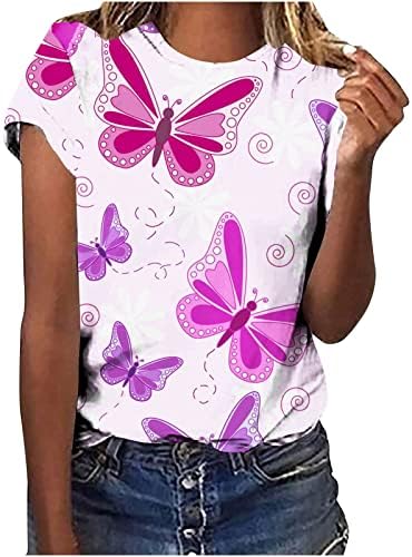 Женски Летни Печатени Маички Со Кратки Ракави Секојдневни Основни Врвови Блуза За Печатење Пеперутки Со Тркалезен Врат