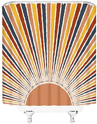 Модерна завеса за туширање од средниот век, ретро бохо, шарено сонце апстрактно минималистичко зајдисонце изгрејсонце гранџ естетска естетска ткаенина декор за б?