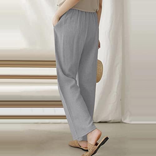 Женски постелнина панталони обични летни удобни широки нозе лабави се вклопуваат целосна должина удобна мода буги долги јога панталони за жени