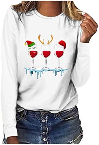 Божиќни врвови женски XMAS капаче печатено пулвер со чаша со вино со долги ракави графички маици обични маички за џемпери