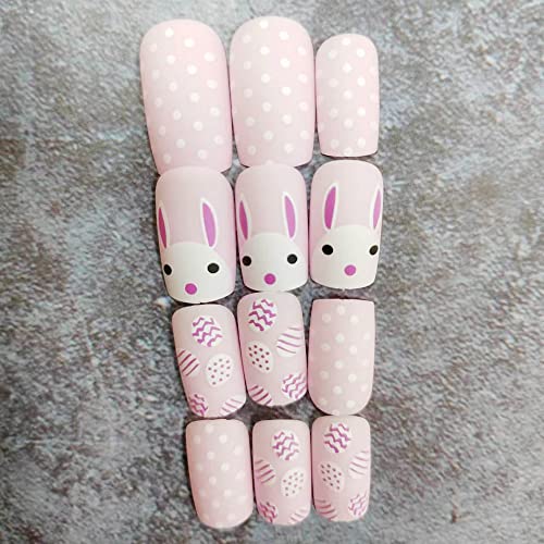 24 парчиња Велигденски печат на нокти Плоштад лажни нокти кратко стап на ноктите Прекрасен зајак лажни нокти розово бран печат на нокти Акрилни