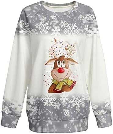 Божиќна снегулка џемпер жени Симпатична кошула за печатење ирваси за печатење Божиќ плус големина Раглан со долг ракав за празник на врвови на врвови