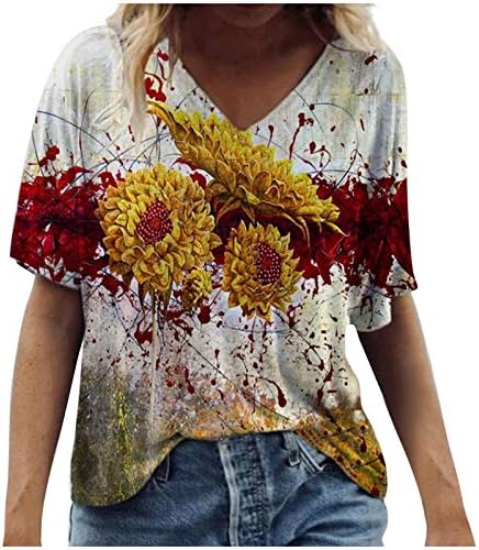 Кошули за жени, женски лабав обичен кратки ракави со кратки ракави против блуза за маица слатки врвови за цвеќиња од цвеќиња